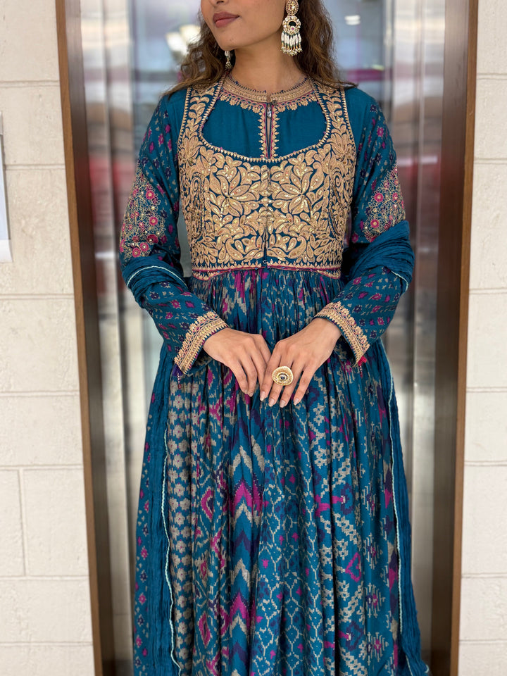 Handcrafted Ikat Silk Anarkali Set with Zari Embroidered Yoke – Available in
