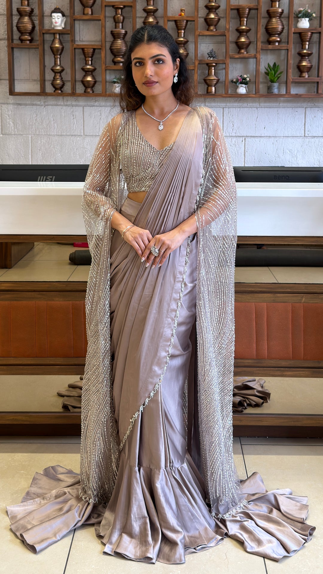 Moonstone Grey Pre-Draped Saree with Hand-Embellished Shrug Cape