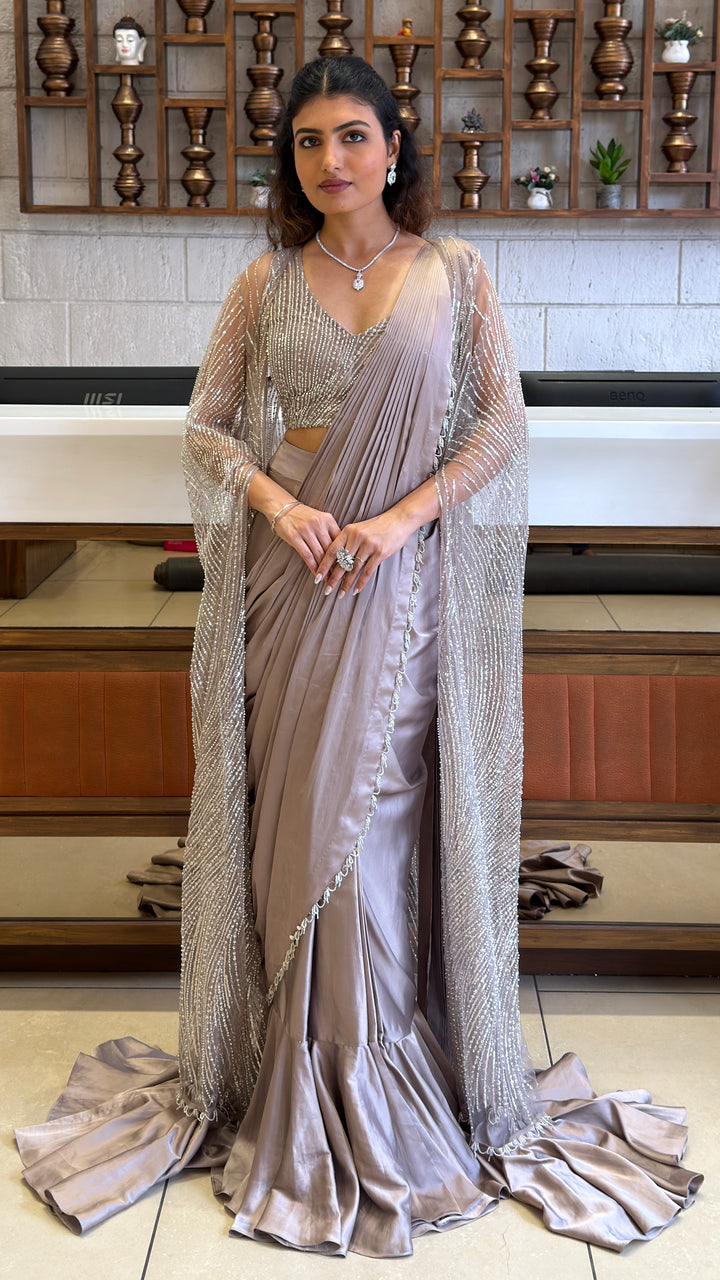Moonstone Grey Pre-Draped Saree with Hand-Embellished Shrug Cape