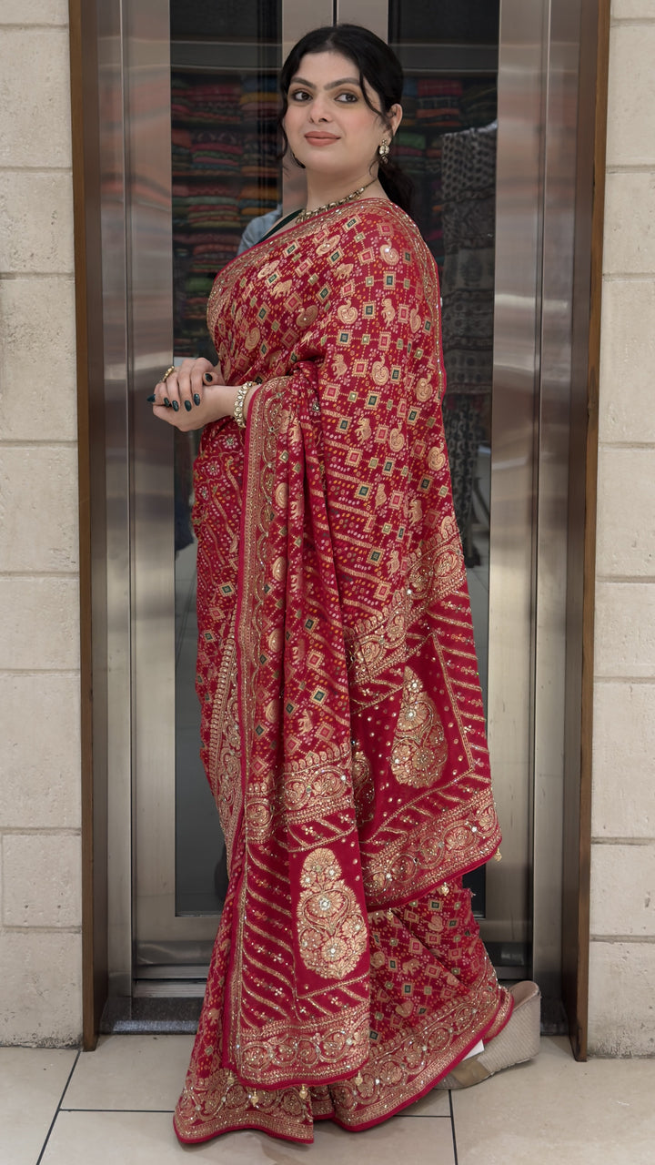 Rani Pink Bandhani Silk Saree with Antique Gold Zari Border & Rich Designer Pallu