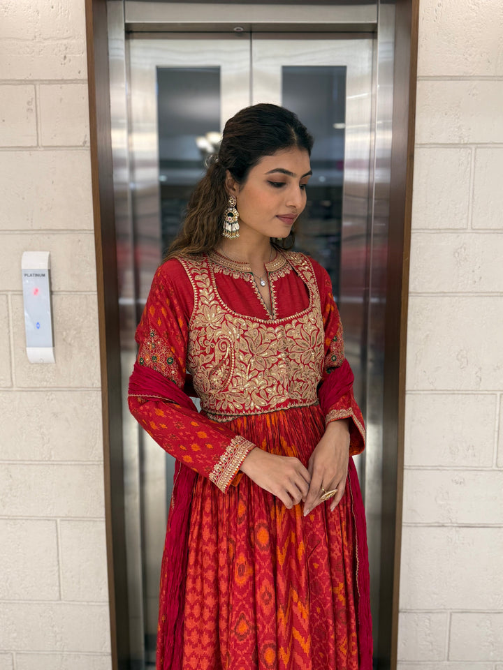 Handcrafted Ikat Silk Anarkali Set with Zari Embroidered Yoke – Available in