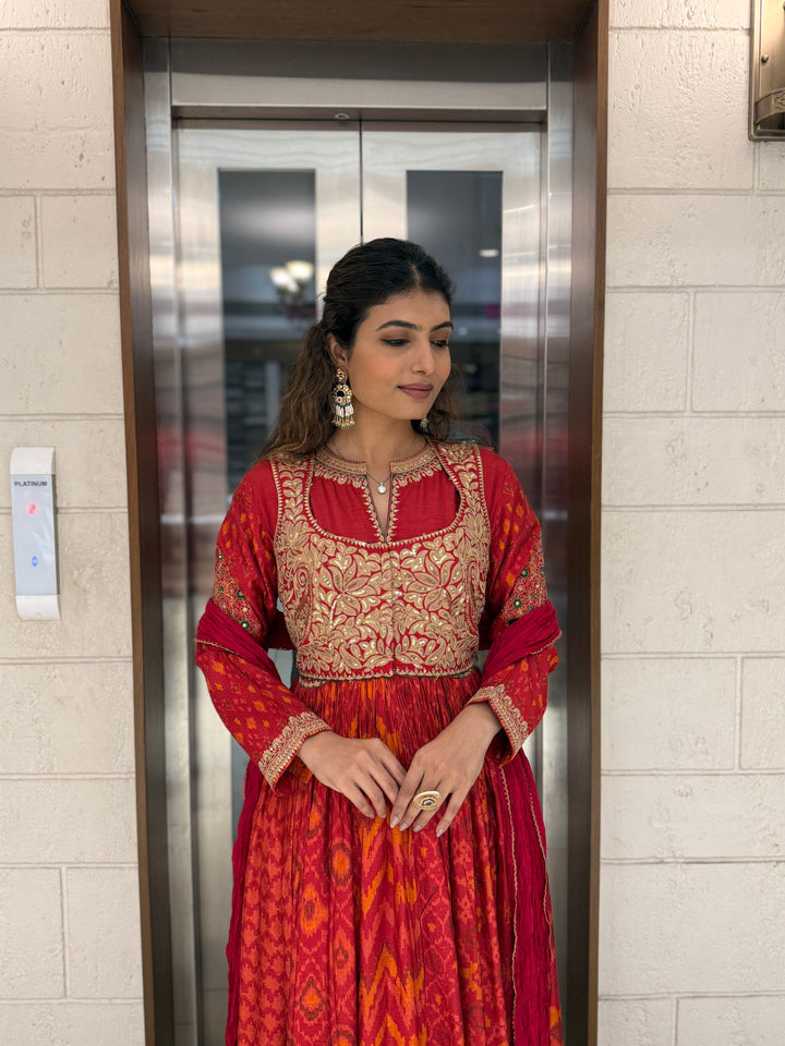 Handcrafted Ikat Silk Anarkali Set with Zari Embroidered Yoke – Available in
