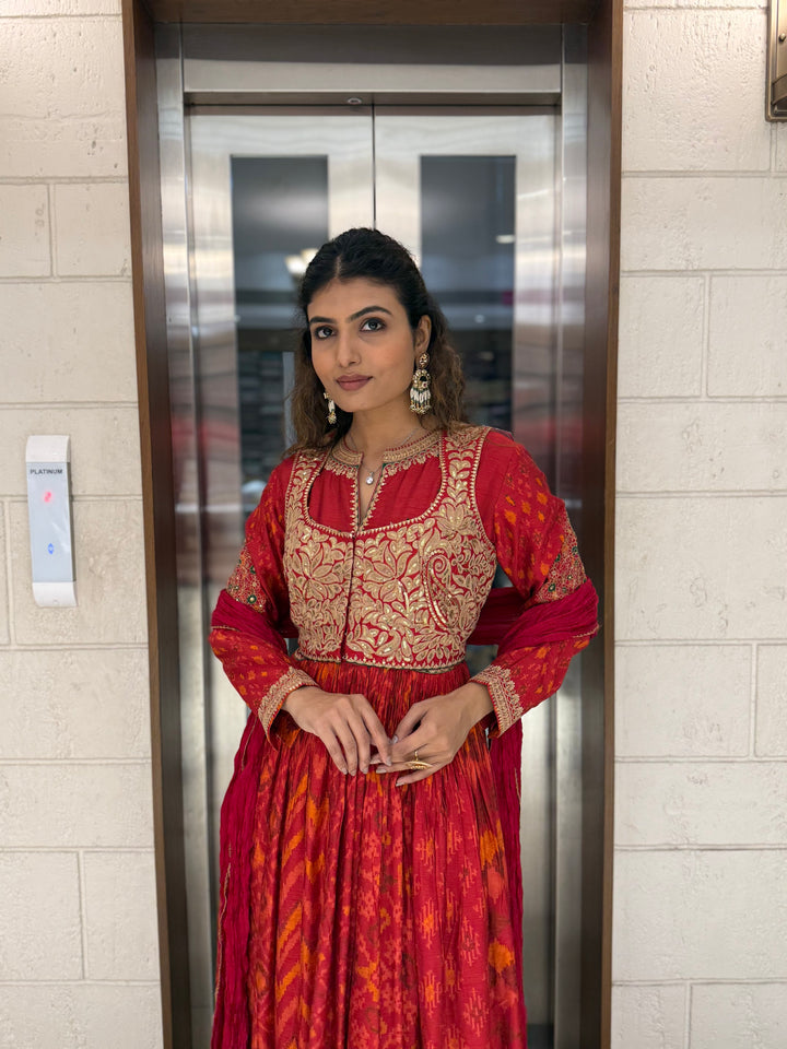 Handcrafted Ikat Silk Anarkali Set with Zari Embroidered Yoke – Available in