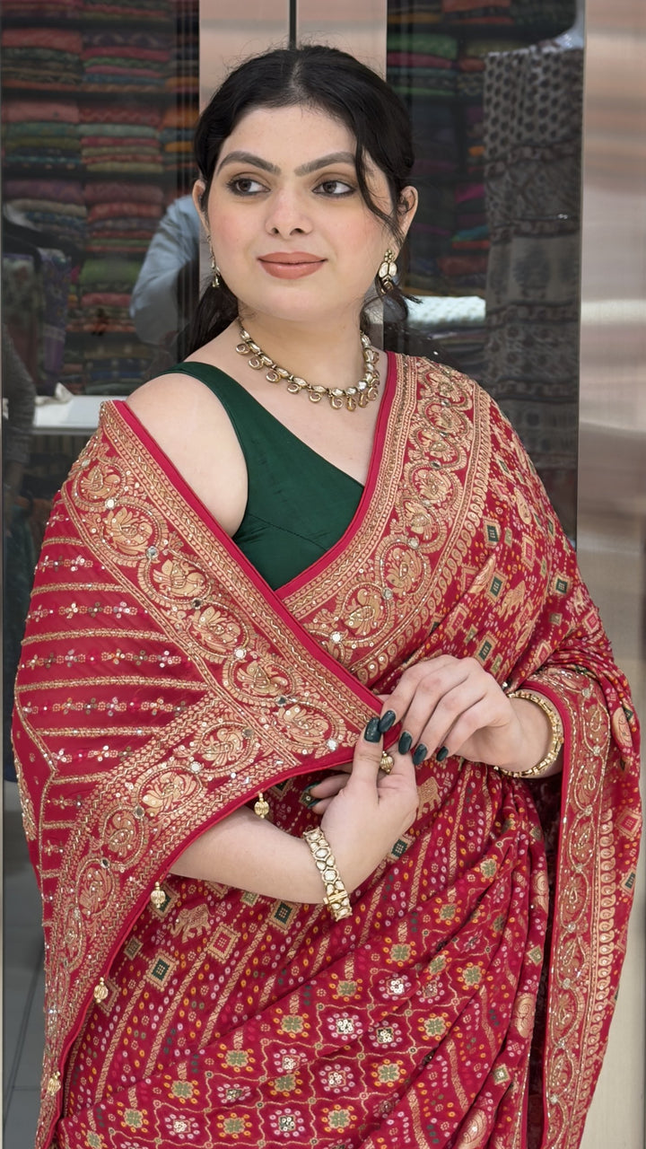 Rani Pink Bandhani Silk Saree with Antique Gold Zari Border & Rich Designer Pallu