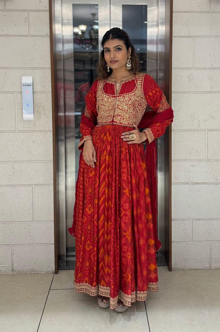 Handcrafted Ikat Silk Anarkali Set with Zari Embroidered Yoke – Available in