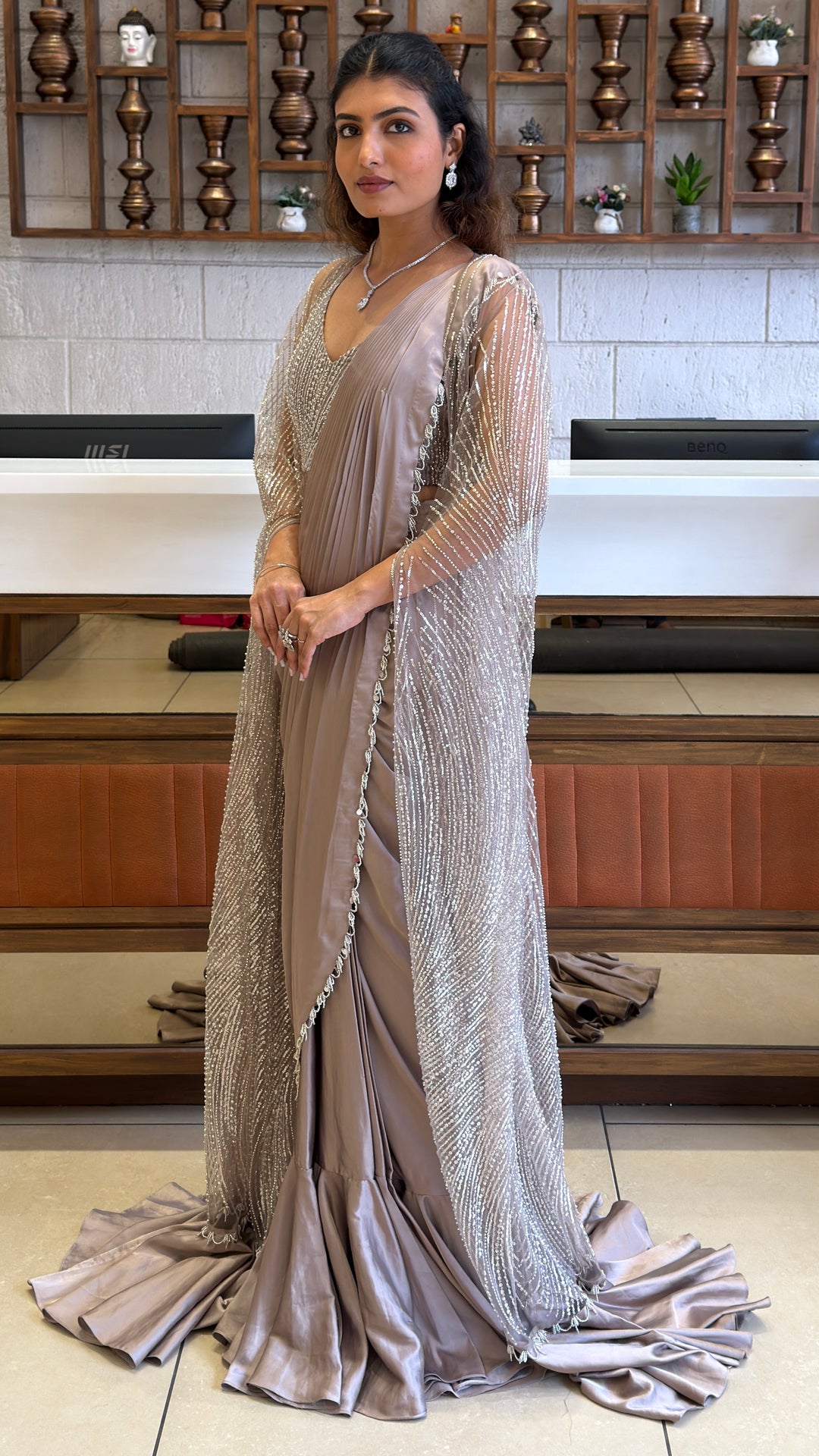 Moonstone Grey Pre-Draped Saree with Hand-Embellished Shrug Cape