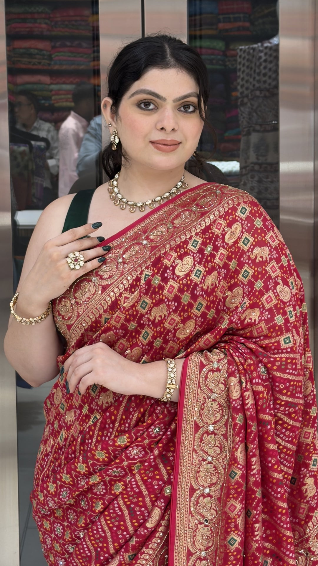 Rani Pink Bandhani Silk Saree with Antique Gold Zari Border & Rich Designer Pallu