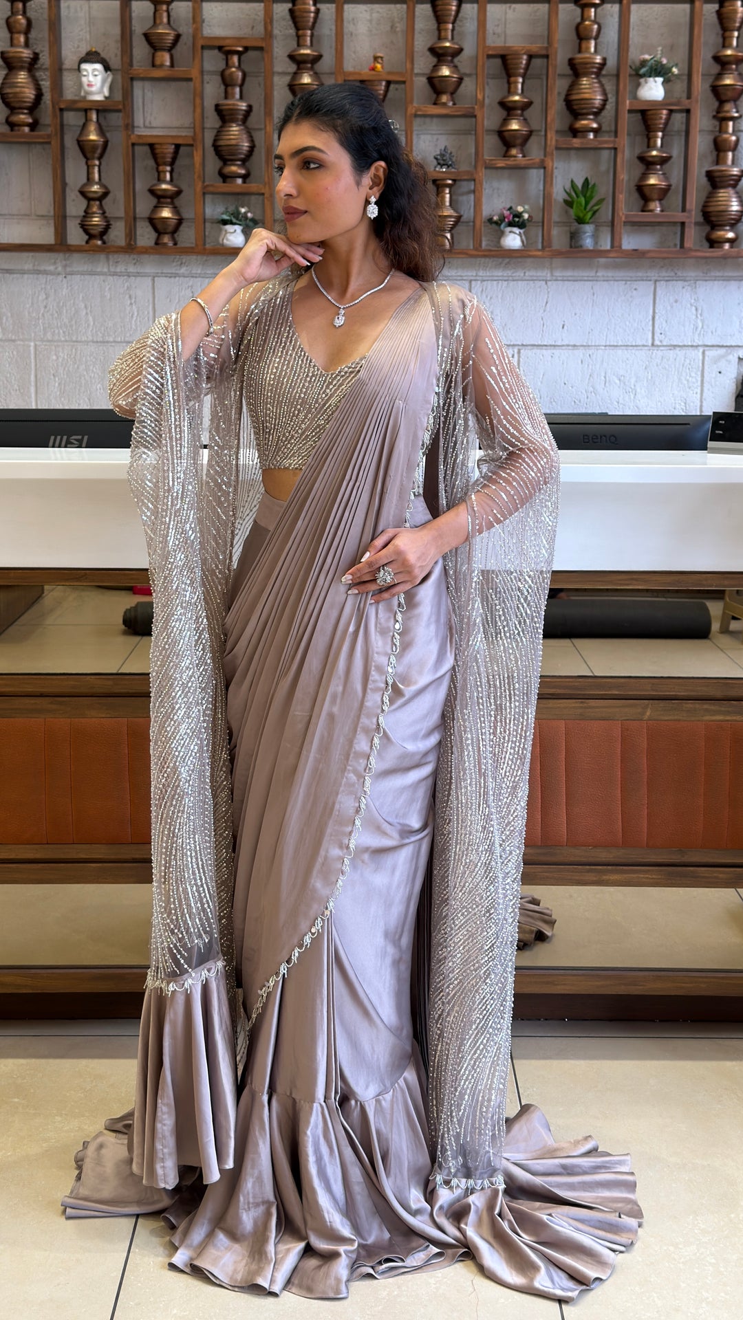 Moonstone Grey Pre-Draped Saree with Hand-Embellished Shrug Cape