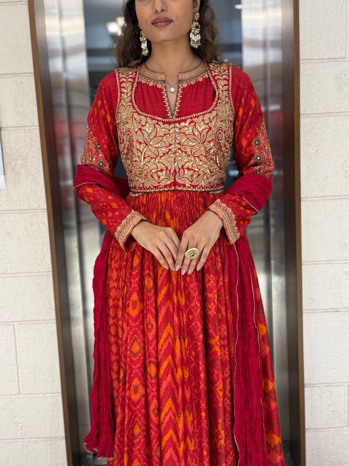 Handcrafted Ikat Silk Anarkali Set with Zari Embroidered Yoke – Available in