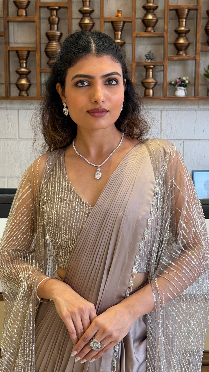 Moonstone Grey Pre-Draped Saree with Hand-Embellished Shrug Cape
