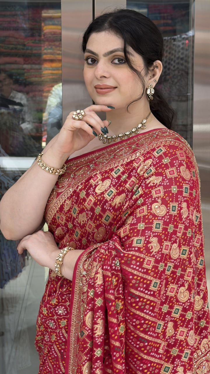 Rani Pink Bandhani Silk Saree with Antique Gold Zari Border & Rich Designer Pallu