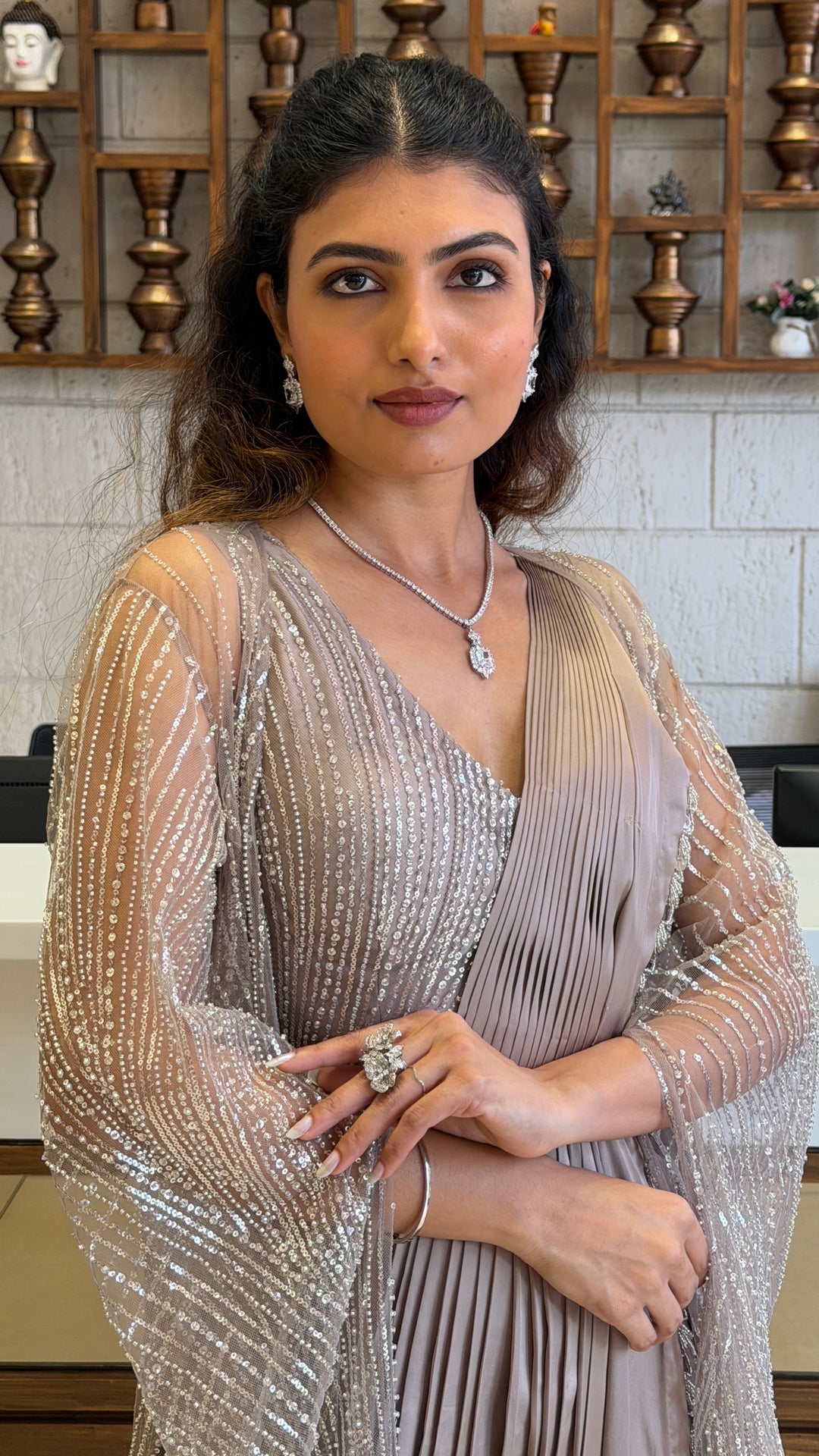 Moonstone Grey Pre-Draped Saree with Hand-Embellished Shrug Cape