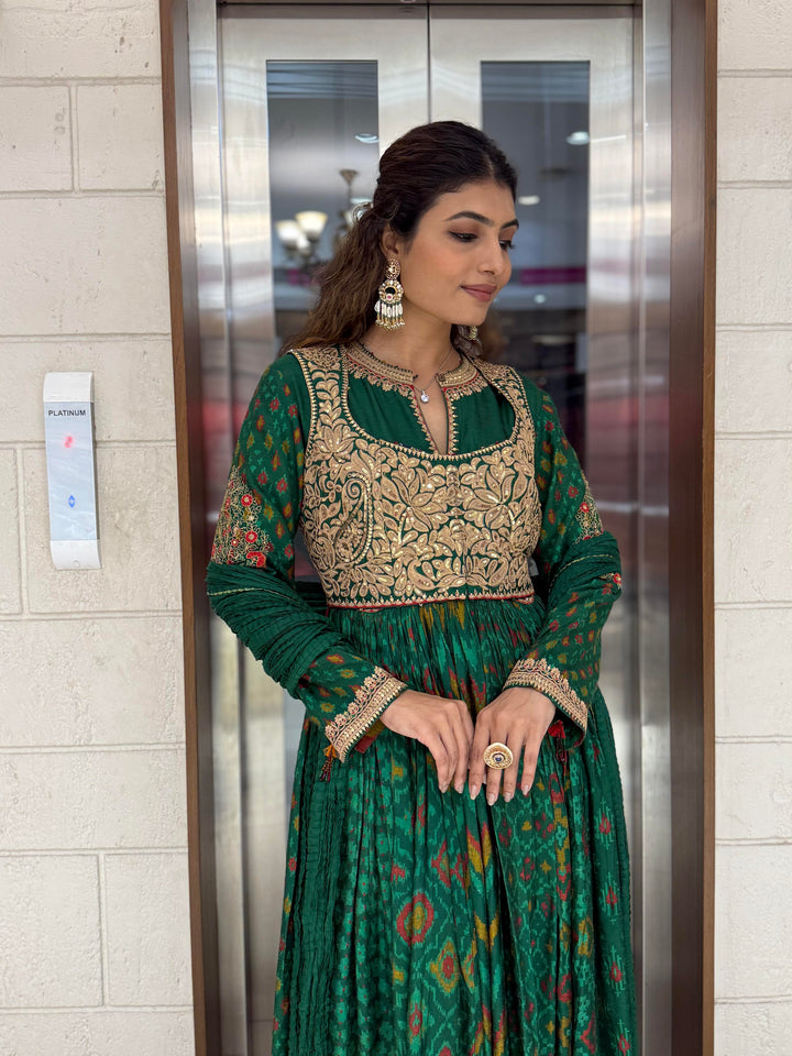 Handcrafted Ikat Silk Anarkali Set with Zari Embroidered Yoke – Available in