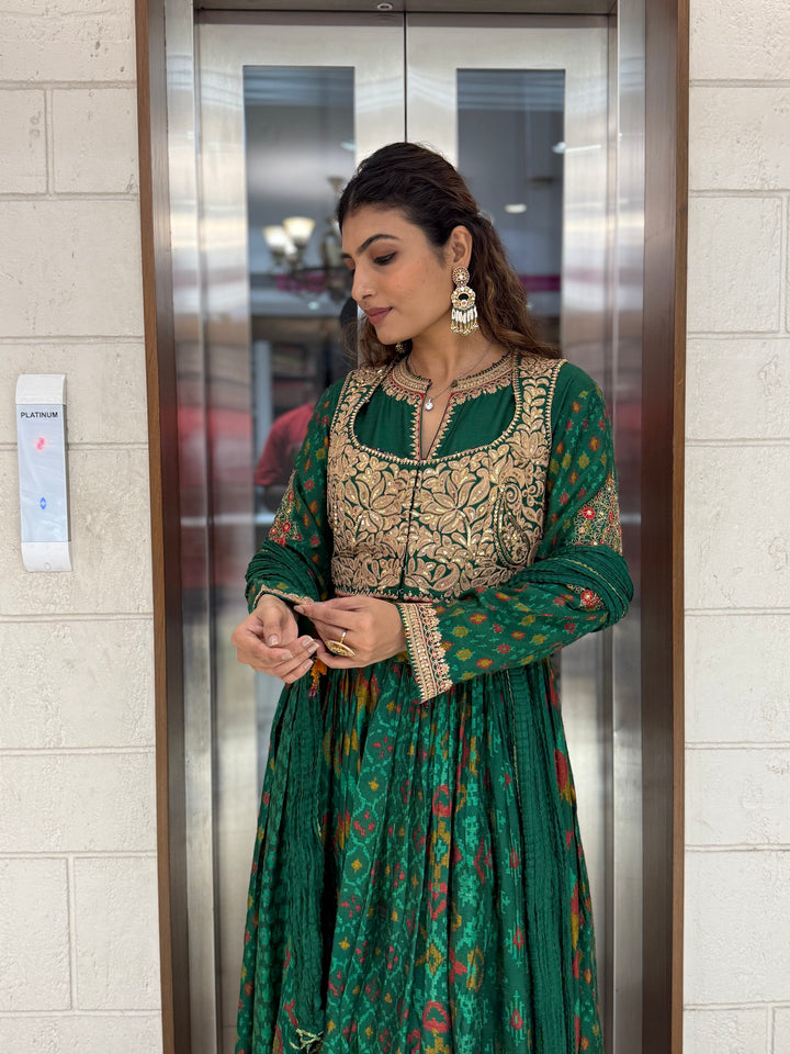 Handcrafted Ikat Silk Anarkali Set with Zari Embroidered Yoke – Available in
