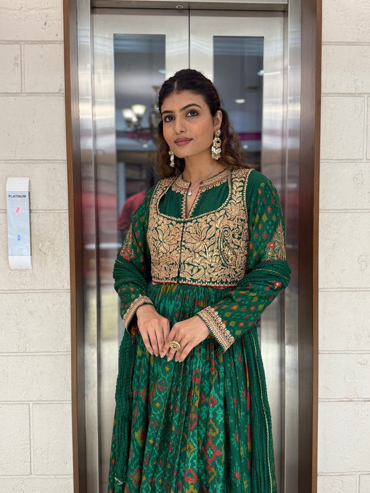 Handcrafted Ikat Silk Anarkali Set with Zari Embroidered Yoke – Available in