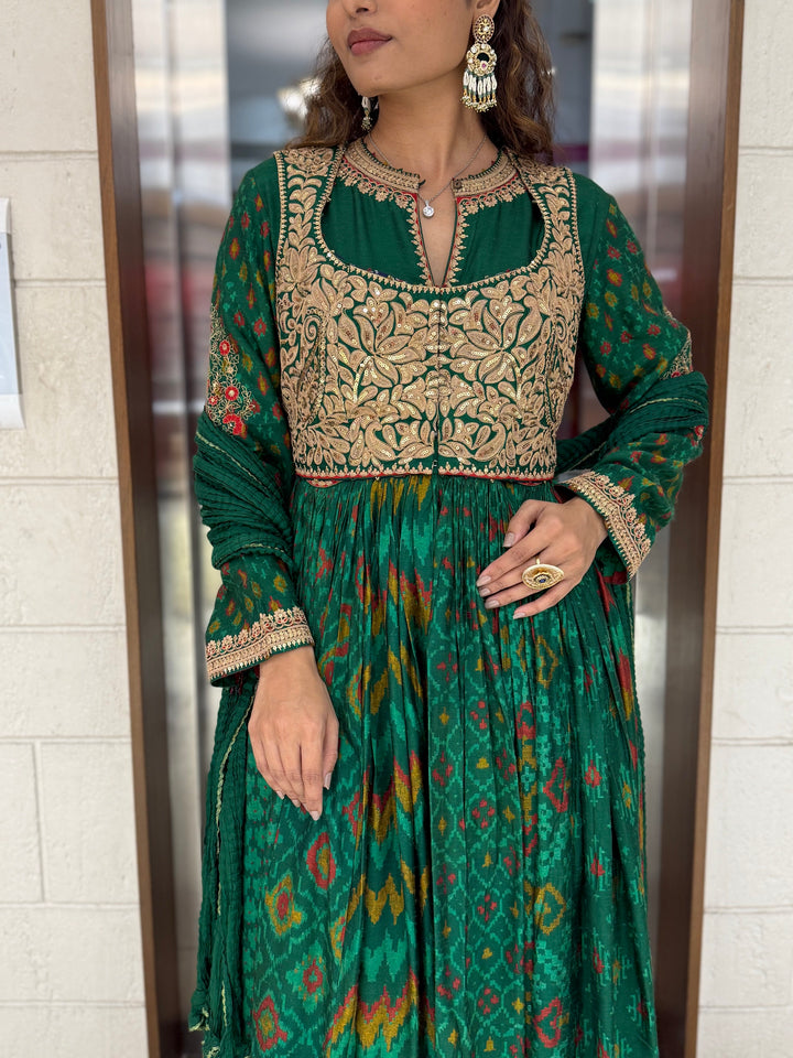 Handcrafted Ikat Silk Anarkali Set with Zari Embroidered Yoke – Available in
