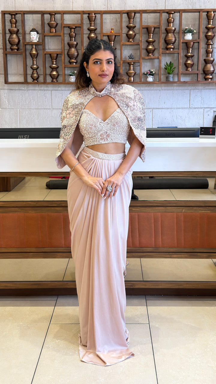 Blush Pink Pre-Draped Saree with Embellished Cape Blouse