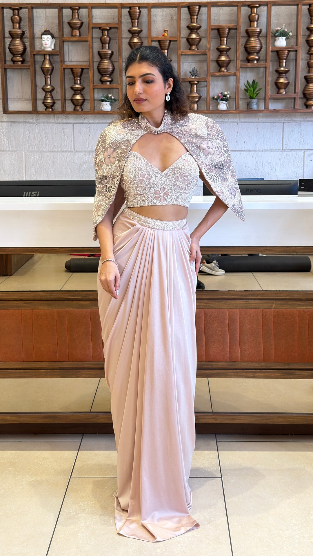 Blush Pink Pre-Draped Saree with Embellished Cape Blouse