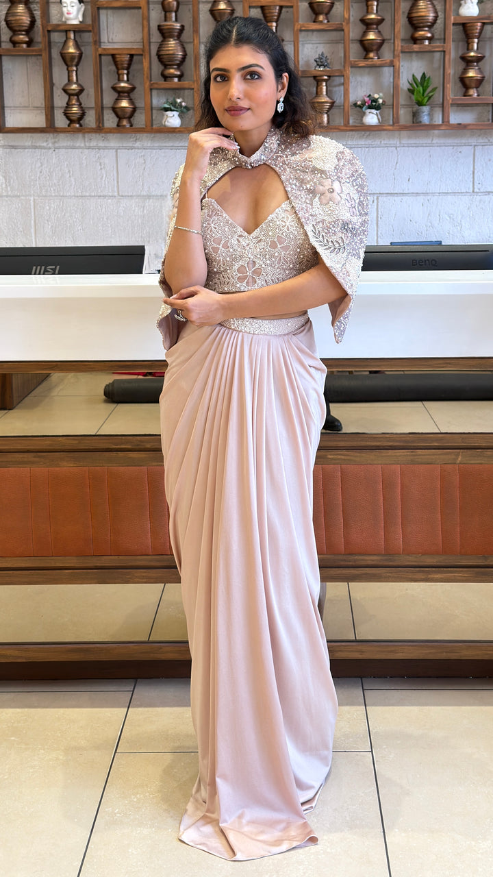 Blush Pink Pre-Draped Saree with Embellished Cape Blouse