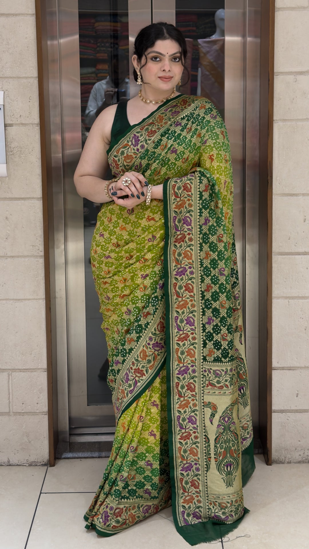Lime Green Bandhani Silk Saree with Floral Heritage Border & Designer Pallu
