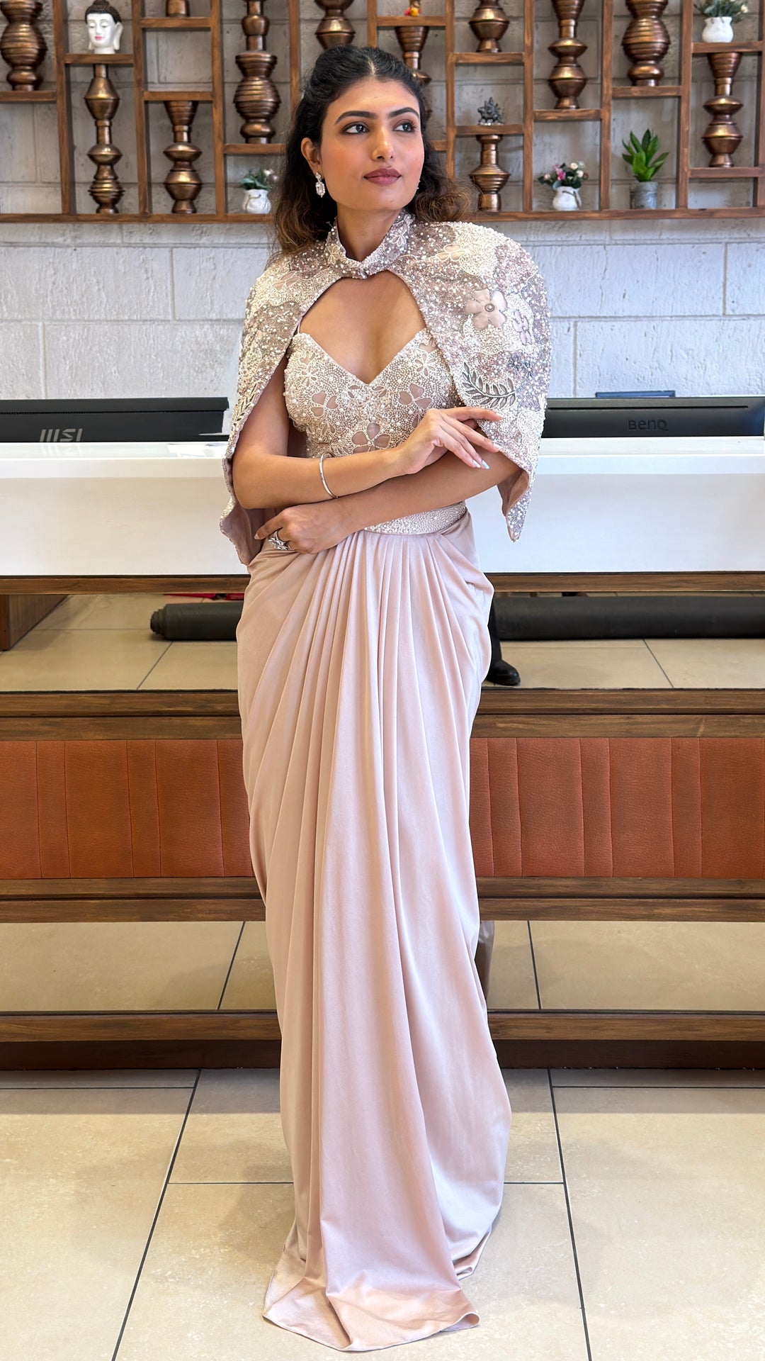 Blush Pink Pre-Draped Saree with Embellished Cape Blouse