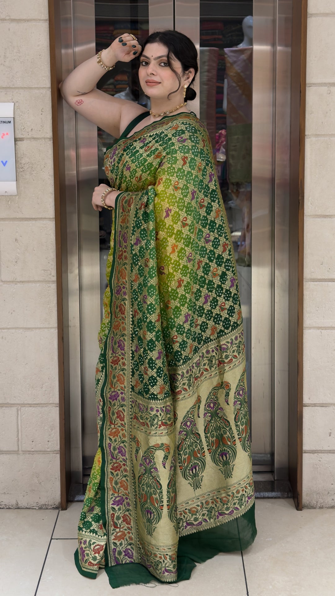 Lime Green Bandhani Silk Saree with Floral Heritage Border & Designer Pallu