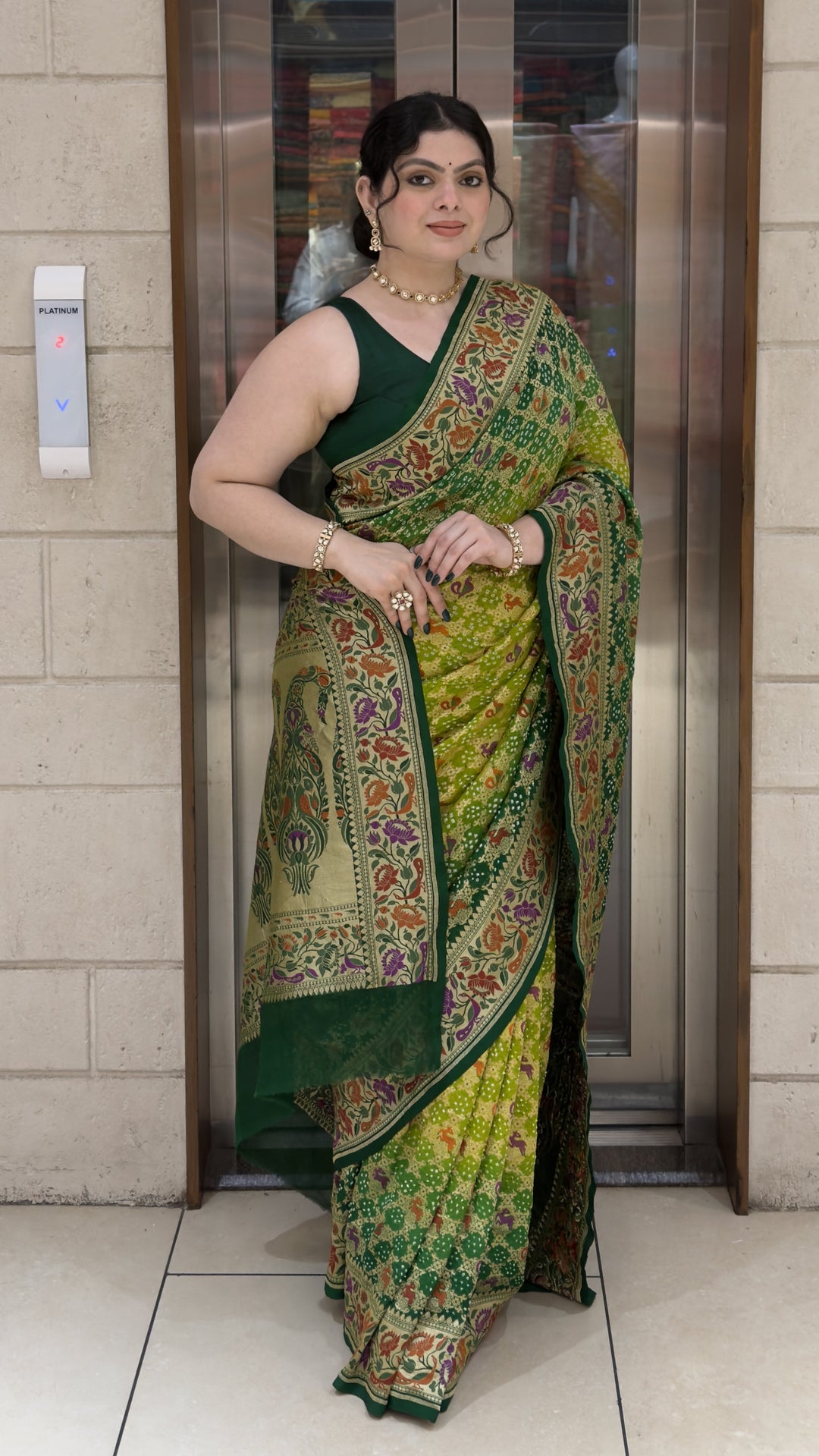 Lime Green Bandhani Silk Saree with Floral Heritage Border & Designer Pallu
