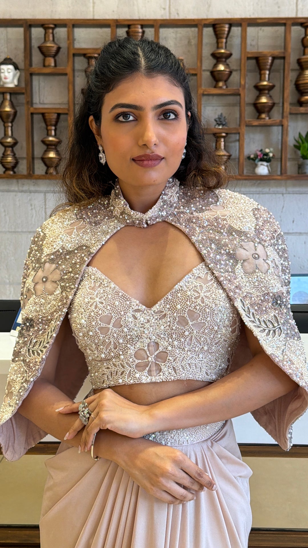 Blush Pink Pre-Draped Saree with Embellished Cape Blouse