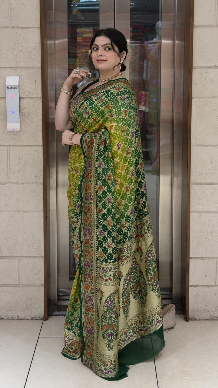 Lime Green Bandhani Silk Saree with Floral Heritage Border & Designer Pallu