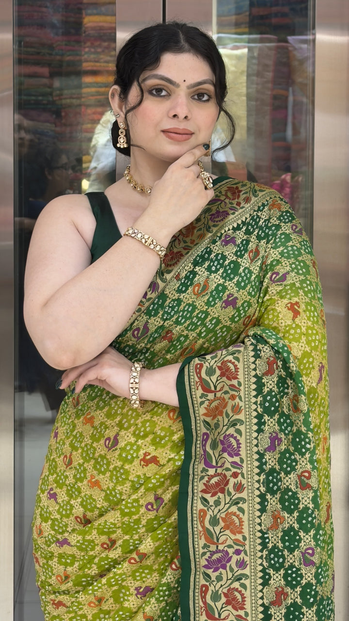 Lime Green Bandhani Silk Saree with Floral Heritage Border & Designer Pallu