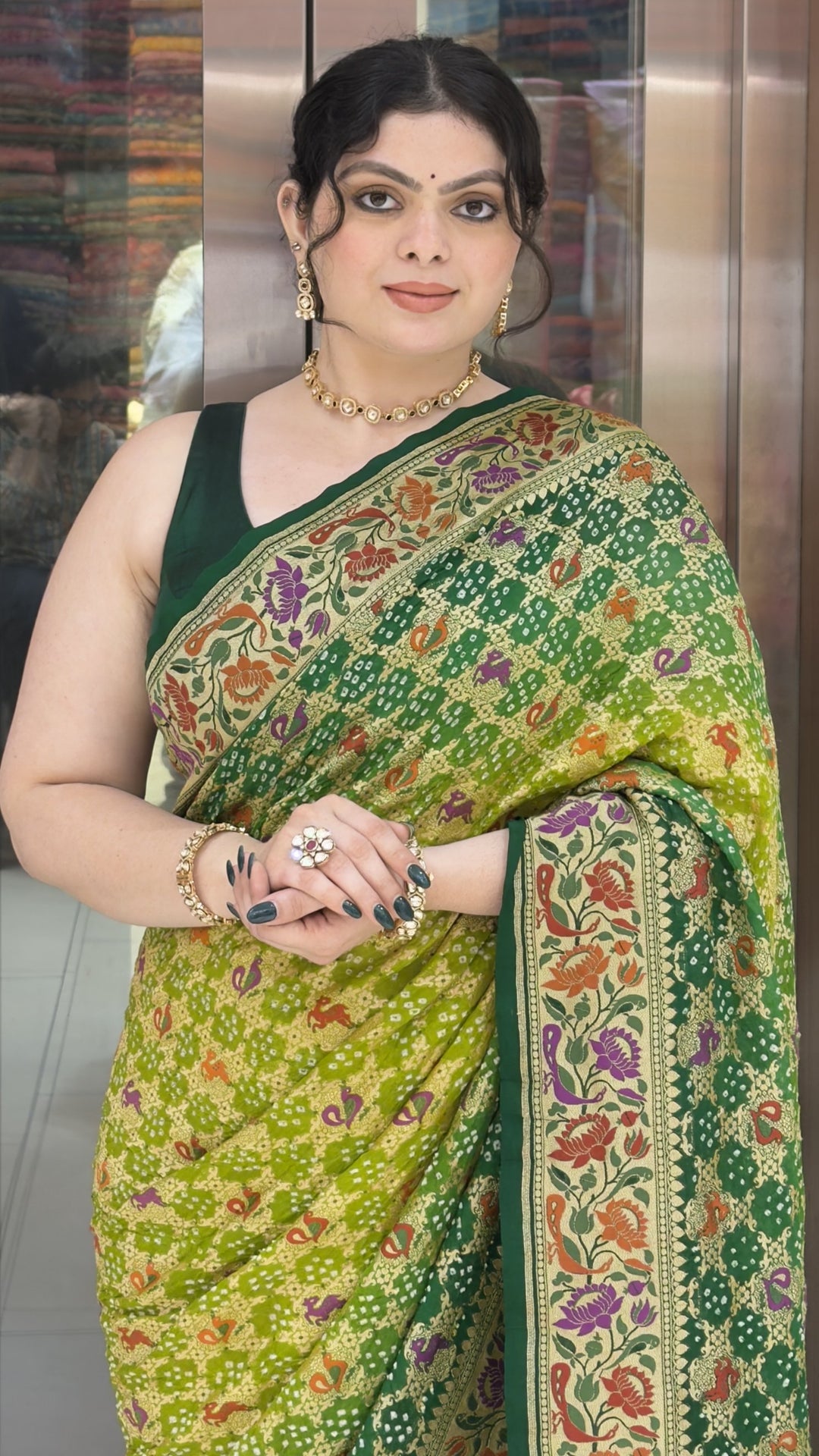 Lime Green Bandhani Silk Saree with Floral Heritage Border & Designer Pallu