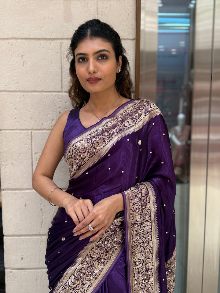Royal Purple Satin Silk Saree with Zari Embroidered Border & Sequin Detailing