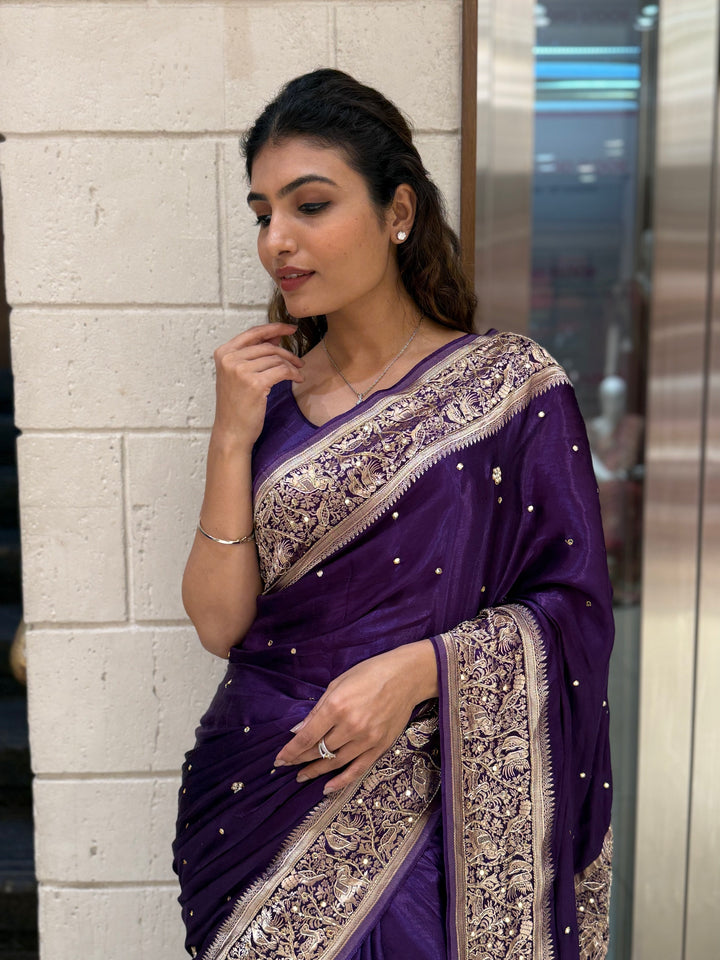 Royal Purple Satin Silk Saree with Zari Embroidered Border & Sequin Detailing