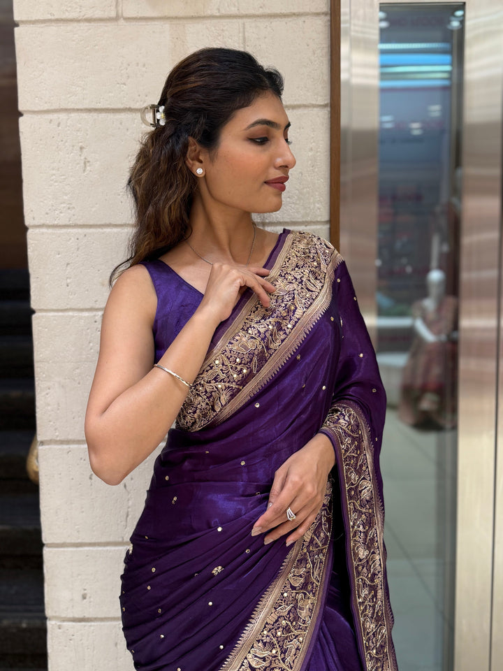Royal Purple Satin Silk Saree with Zari Embroidered Border & Sequin Detailing