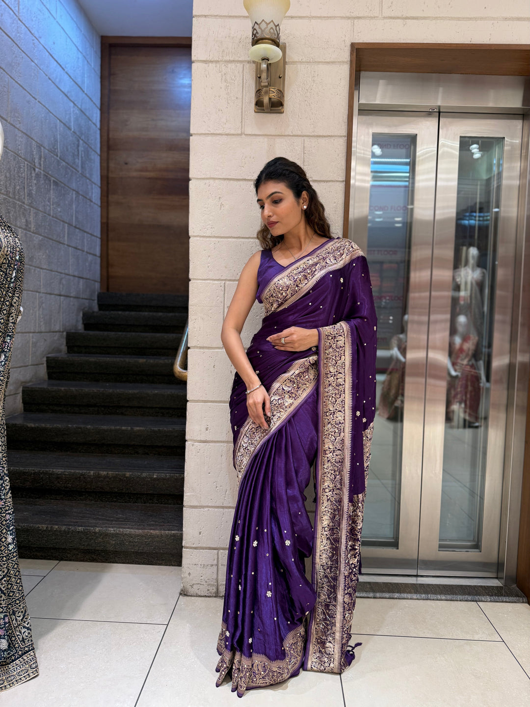 Royal Purple Satin Silk Saree with Zari Embroidered Border & Sequin Detailing
