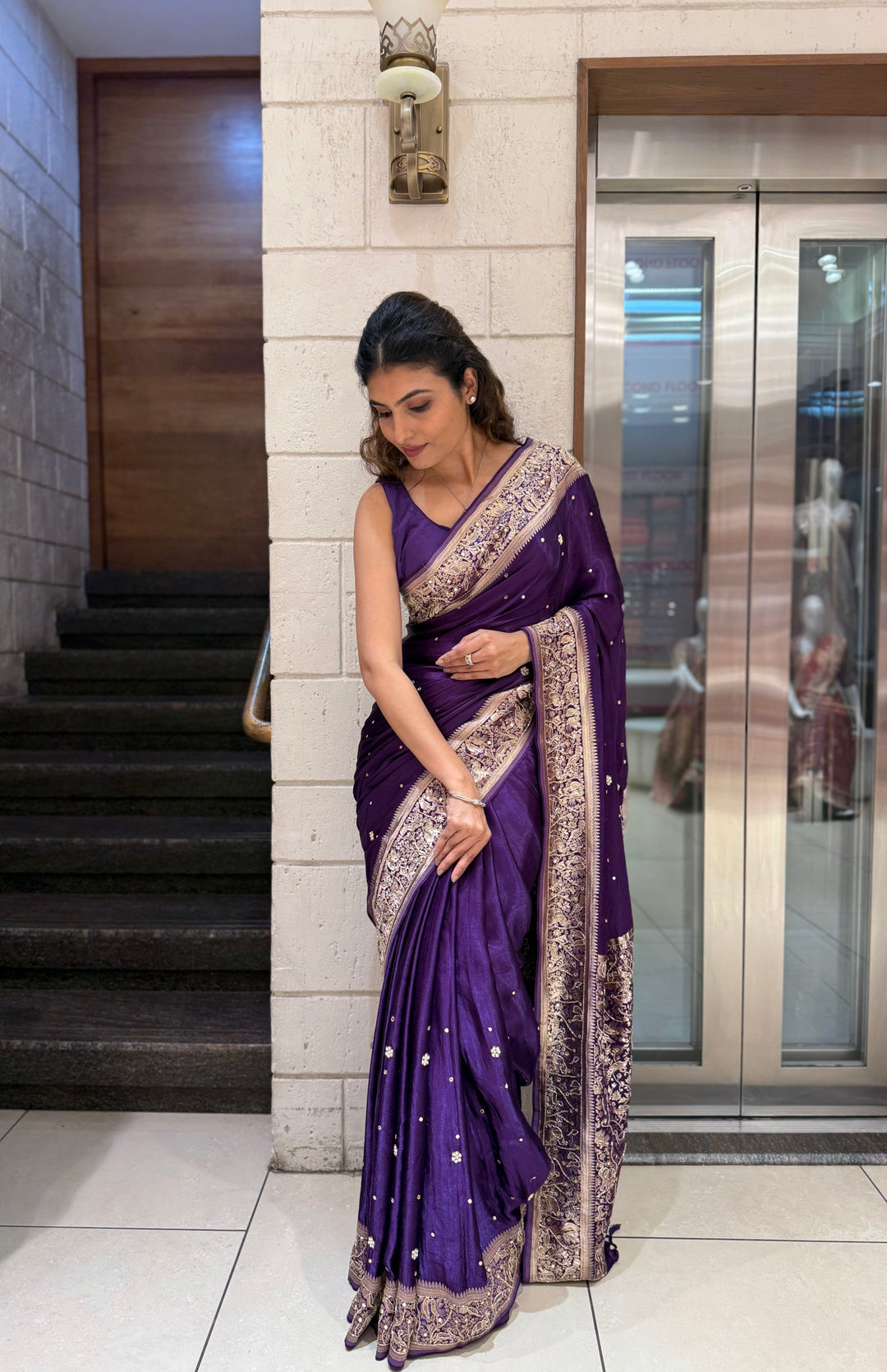 Royal Purple Satin Silk Saree with Zari Embroidered Border & Sequin Detailing