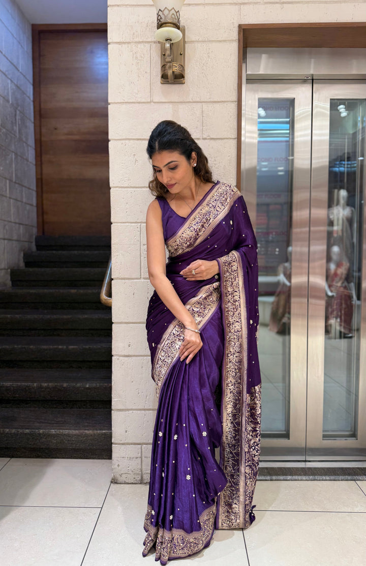 Royal Purple Satin Silk Saree with Zari Embroidered Border & Sequin Detailing