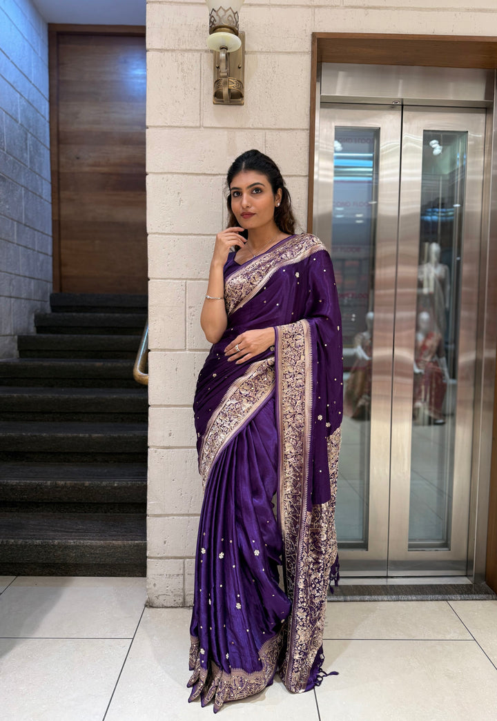 Royal Purple Satin Silk Saree with Zari Embroidered Border & Sequin Detailing