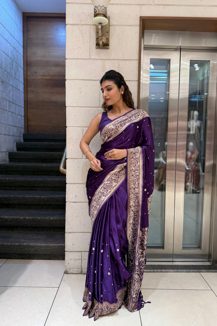 Royal Purple Satin Silk Saree with Zari Embroidered Border & Sequin Detailing