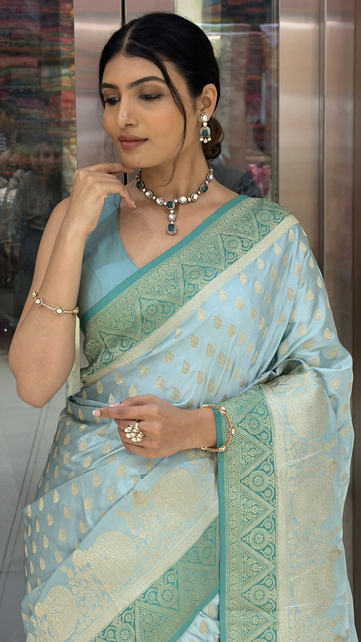 Blue Banarasi Silk Saree with Gold Zari Butti & Peacock Woven Pallu