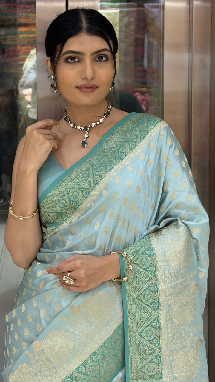 Blue Banarasi Silk Saree with Gold Zari Butti & Peacock Woven Pallu