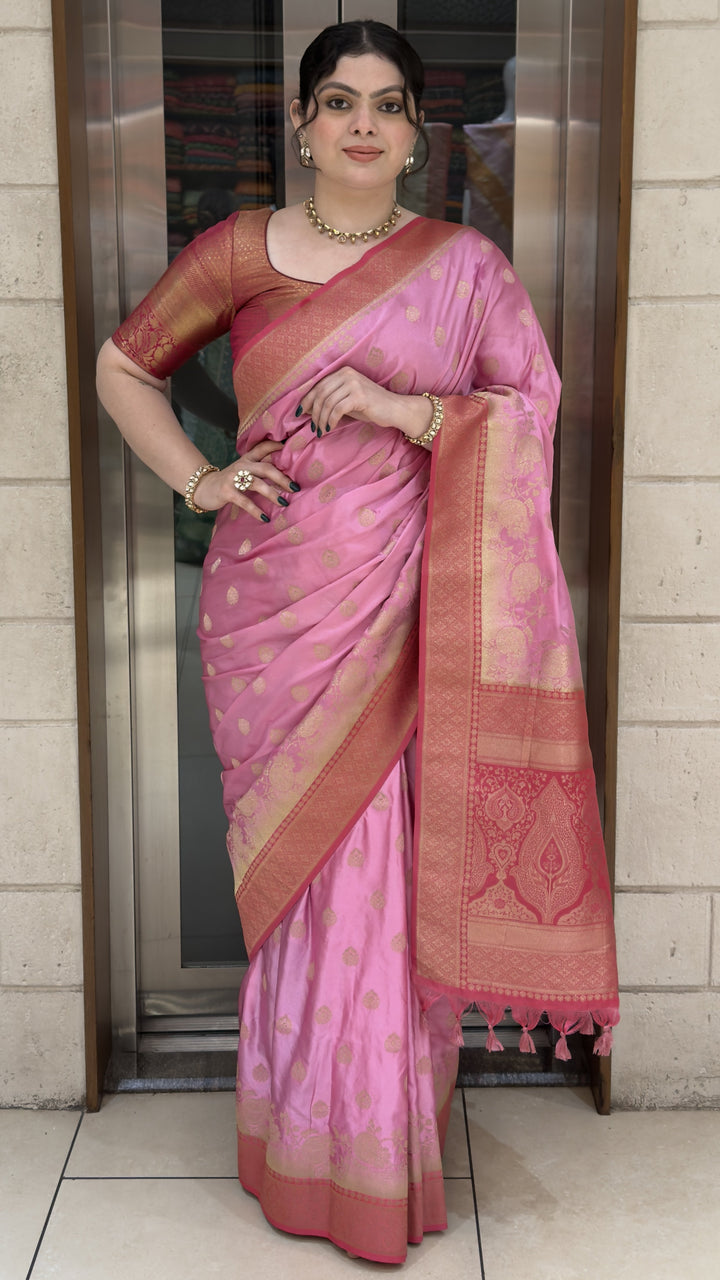 Baby Pink Banarasi Silk Saree with Gold Zari Butti & Rich Woven Pallu