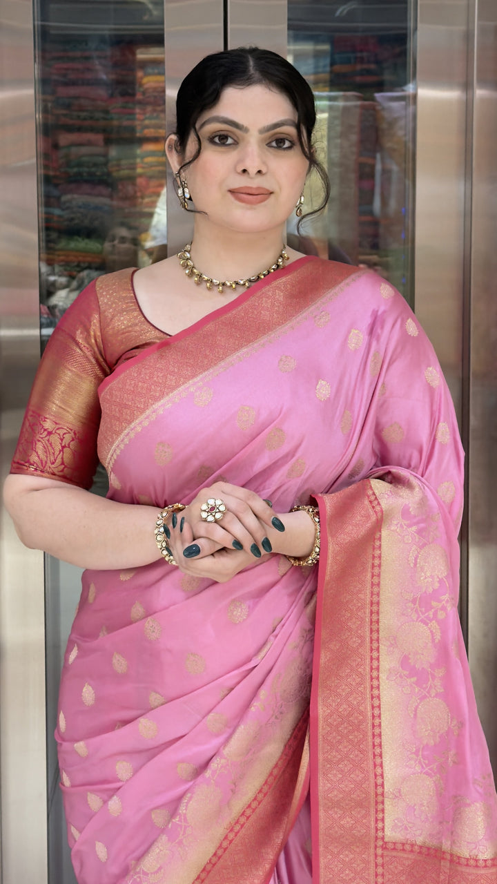 Baby Pink Banarasi Silk Saree with Gold Zari Butti & Rich Woven Pallu