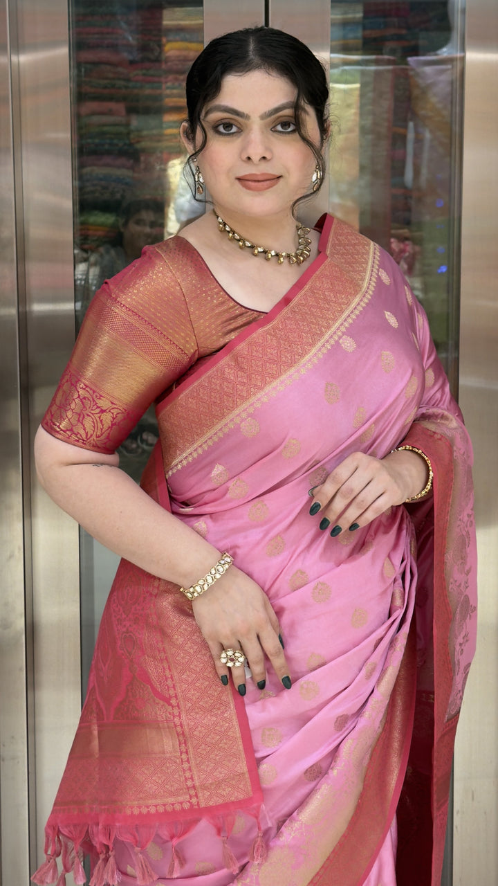 Baby Pink Banarasi Silk Saree with Gold Zari Butti & Rich Woven Pallu