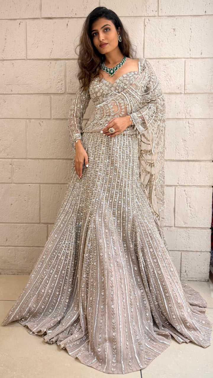 Beige Designer Lehenga Set with Heavy Sequin Embroidery & Net Dupatta