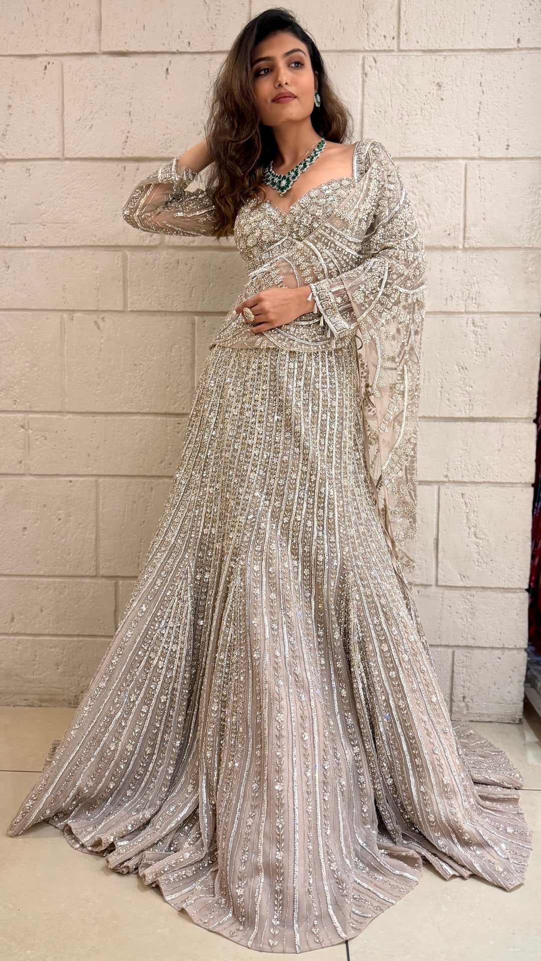 Beige Designer Lehenga Set with Heavy Sequin Embroidery & Net Dupatta