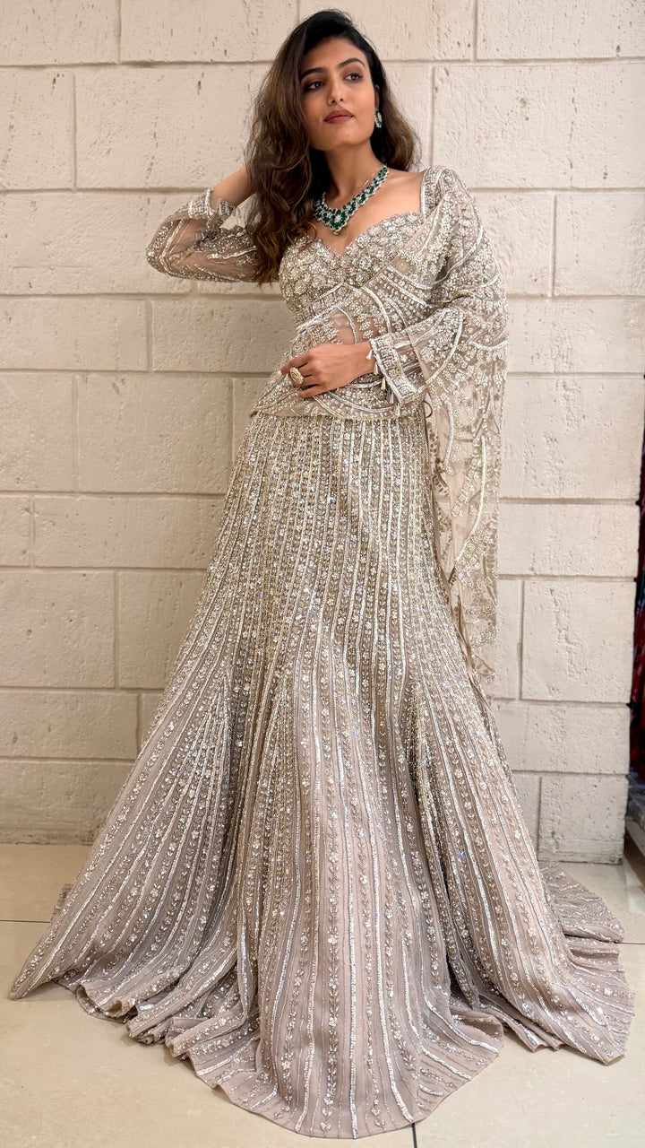 Beige Designer Lehenga Set with Heavy Sequin Embroidery & Net Dupatta