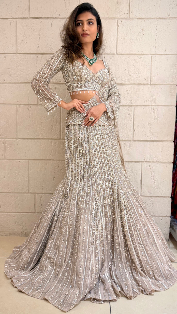 Beige Designer Lehenga Set with Heavy Sequin Embroidery & Net Dupatta