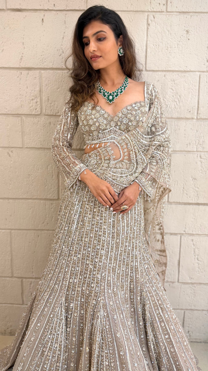 Beige Designer Lehenga Set with Heavy Sequin Embroidery & Net Dupatta