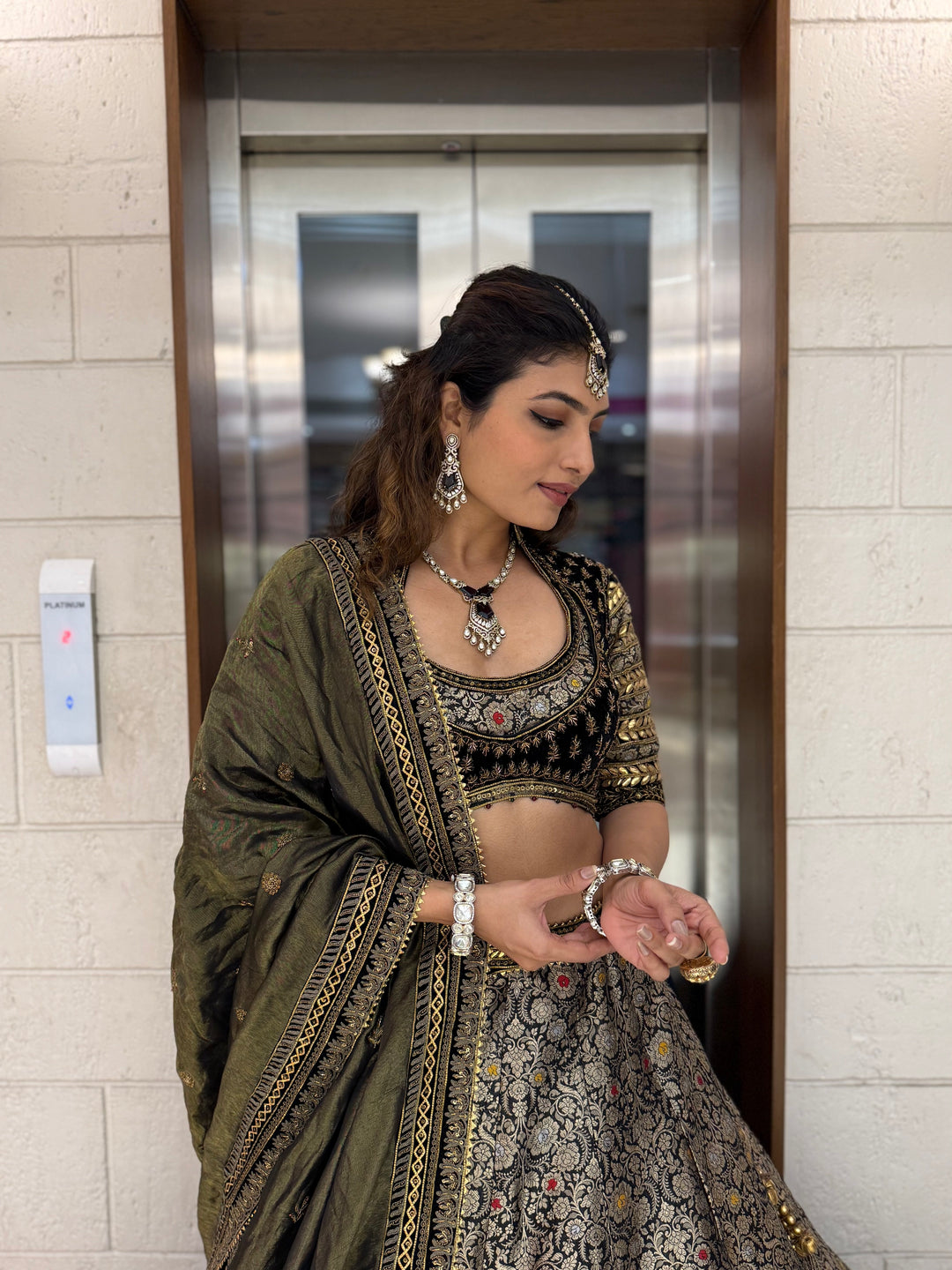 Olive Green and Black Banarasi Brocade Lehenga Set with Zari Embroidery and Silk Dupatta